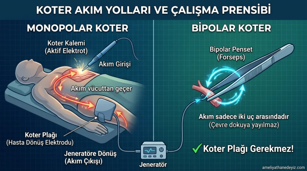 Monopolar ve bipolar elektrokoter sistemlerinin akım yollarını, koter kalemi ve penset üzerinden gösteren tıbbi karşılaştırma şeması.